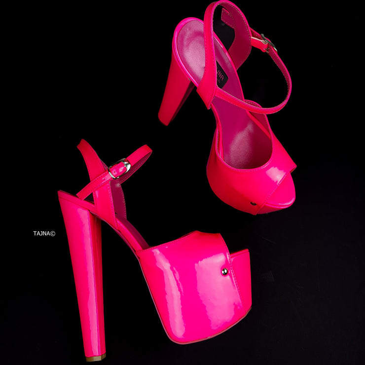 BarbiePink Neon Chunky High Heel Sandals 