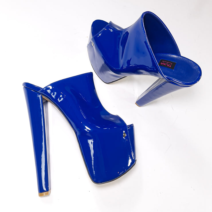 Electric Royal Blue Gloss Chunky High Heel Mules