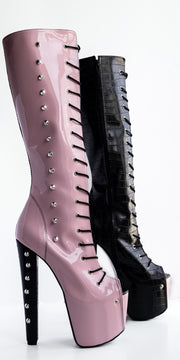 Pink Black Spike Studded Mid Calf Boots