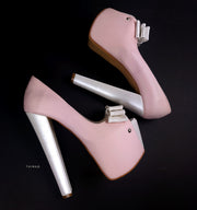 Baby Pink Ivory Detailed Ribbon Platform Heels