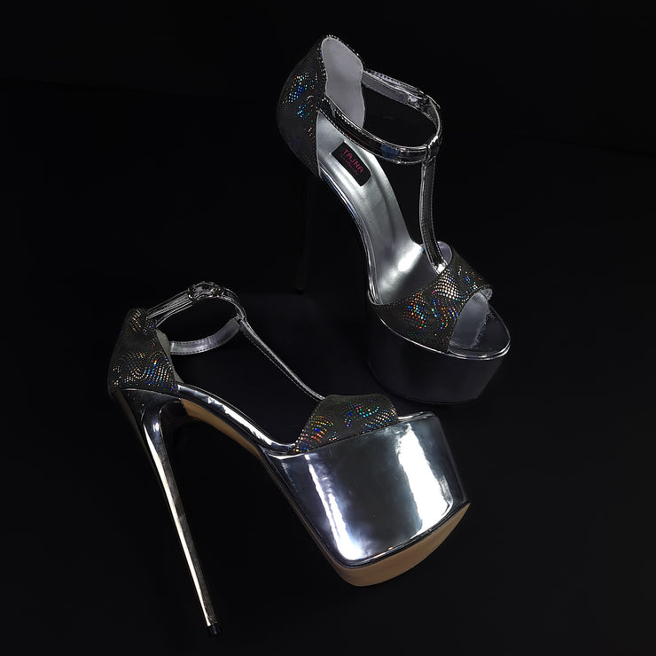 Silver Shiny Leather High Heel Sandals
