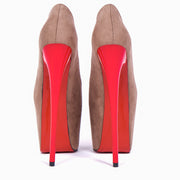 Red Detailed Beige Suede Peep Toe High Heels