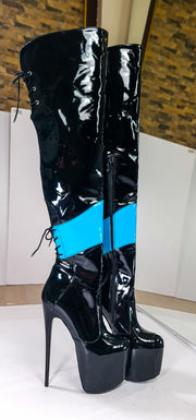 Double Colour Over The Knee Blue Black Patent Boots