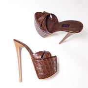 Chocolate Brown Genuine Leather High Heel Mules