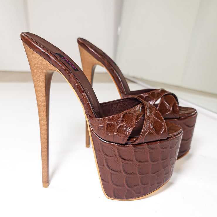 Chocolate Brown Genuine Leather High Heel Mules