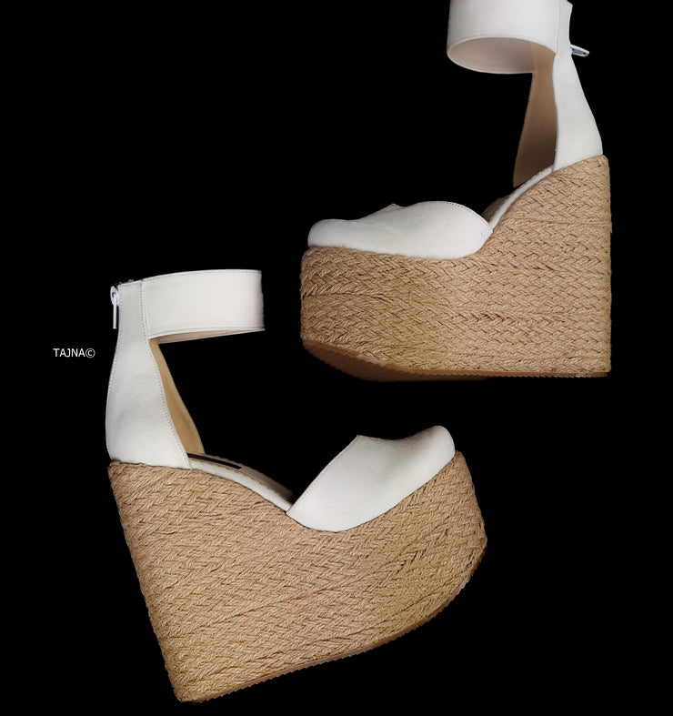 White Suede High Heel Platform Wedge Sandals 