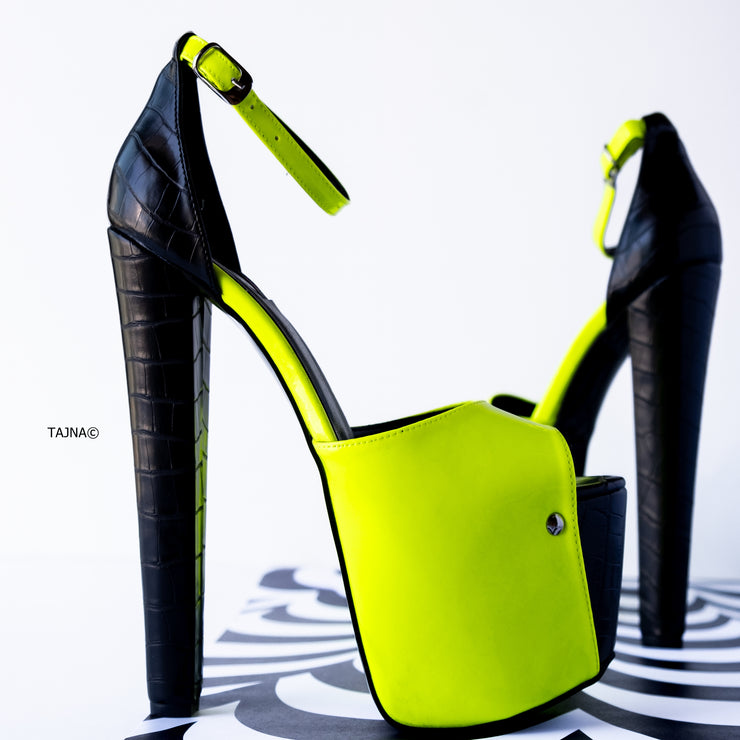 Yellow Neon Black Croco Detail Chunky High Heels