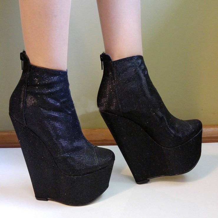 Black Shimmer Ankle 17 cm Wedge Booties - Tajna Club
