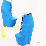 Blue Lace Up Ankle 17 cm Heel Wedge Booties - Tajna Club