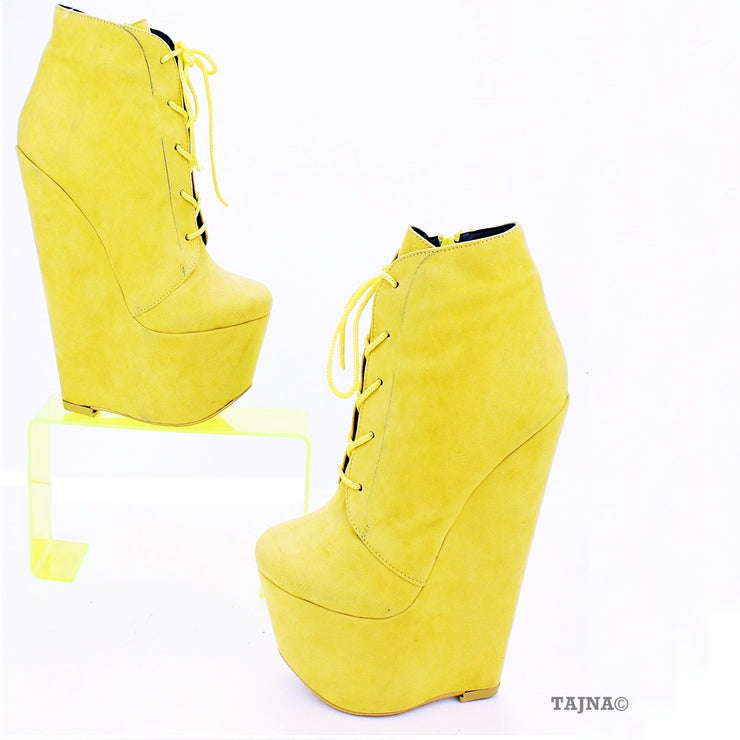 Yellow Faux Suede Lace Up Ankle 17 cm Heel Wedge Booties - Tajna Club