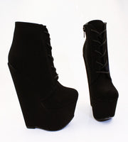 Black Faux Suede Lace Up Wedge Ankle Booties - Tajna Club