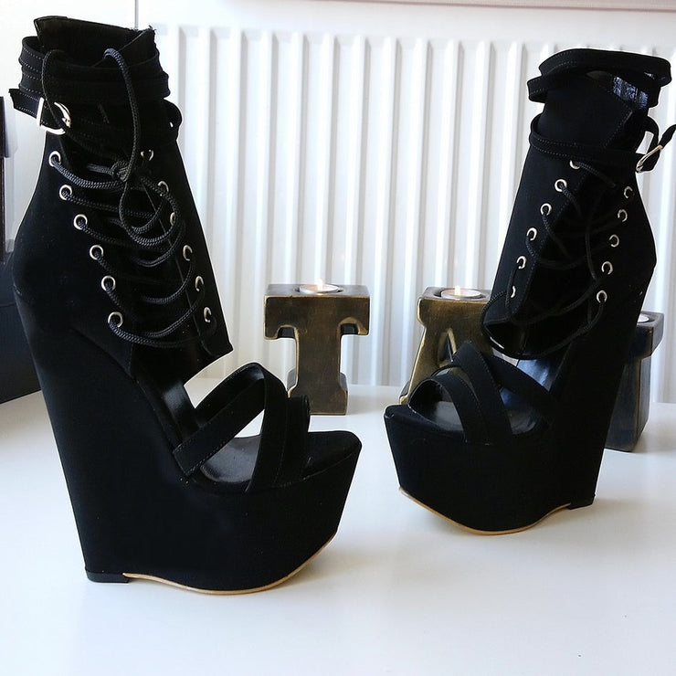 Lace Up Black 17 cm High Heel Wedge Shoes - Tajna Club