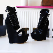 Lace Up Black 17 cm High Heel Wedge Shoes - Tajna Club