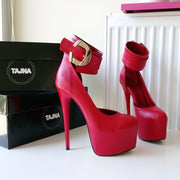 Red Belted Ankle Strap Platform Shoes - Tajna Club