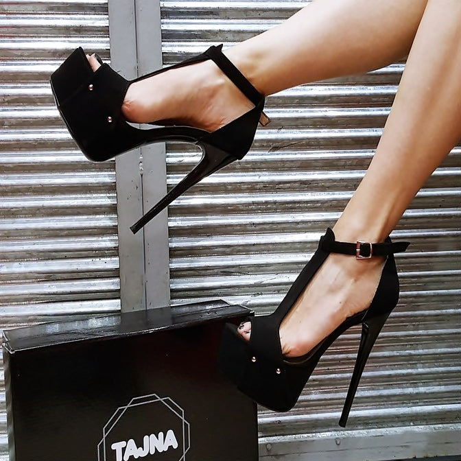 Black Faux Suede Upright Stap Platform Heels - Tajna Club