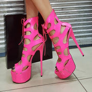Neon Pink Patent Lace Up Cage Platform Heels - Tajna Club