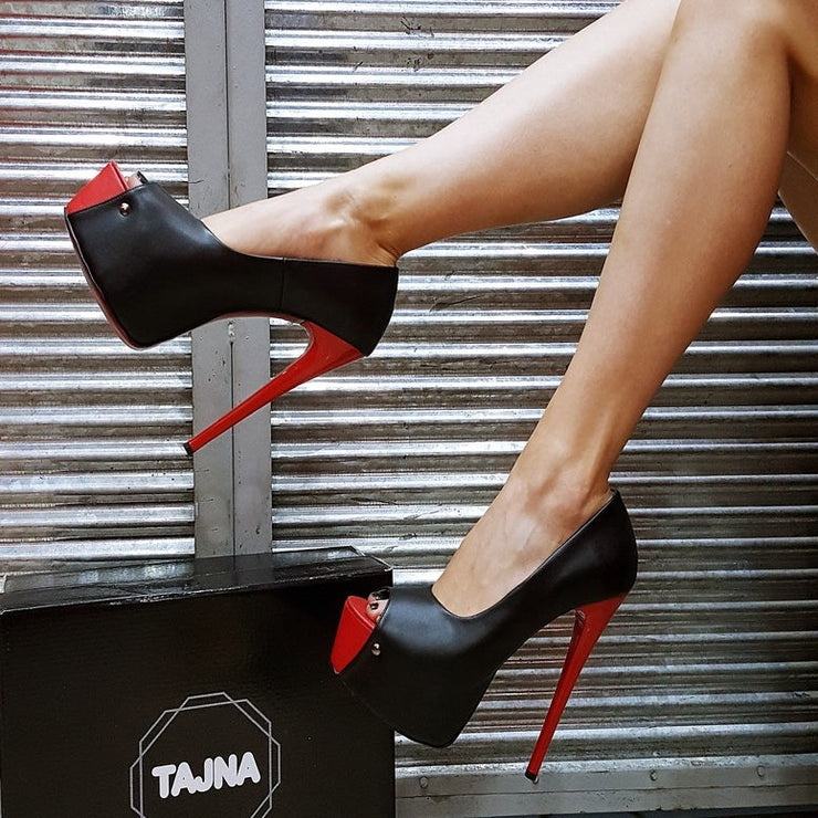 Peep Toe Black Red Detail Platform Shoes - Tajna Club