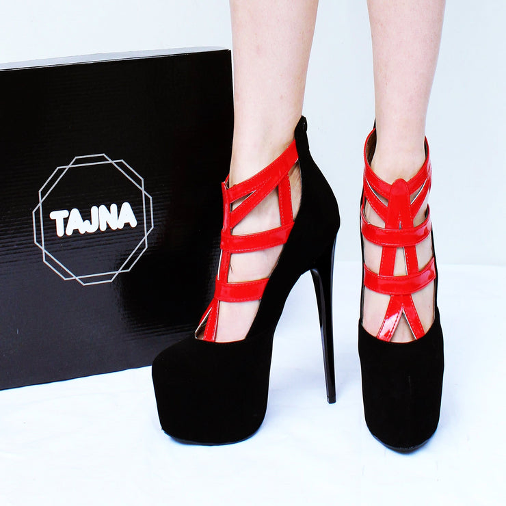 Black Red Cage High Heel Ankle Platforms - Tajna Club