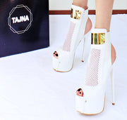 Fishnet White Gold Ankle Peep Toe Platform Shoes - Tajna Club