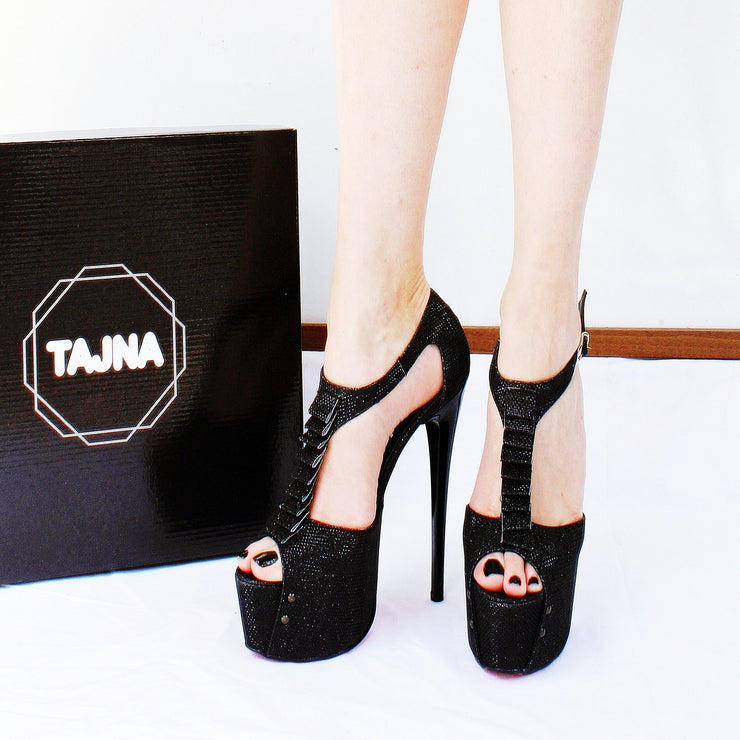 Black Shiny Ribbon Peep Toe Platform Shoes - Tajna Club