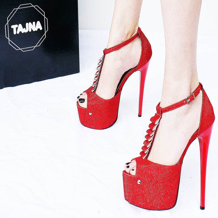 Red Shiny Ribbon Peep Toe Platform Shoes - Tajna Club