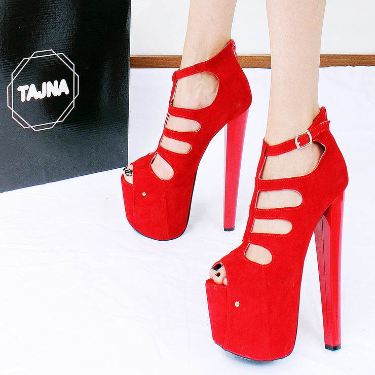 Red Faux Suede Cage Peep Toe Platform Shoes - Tajna Club