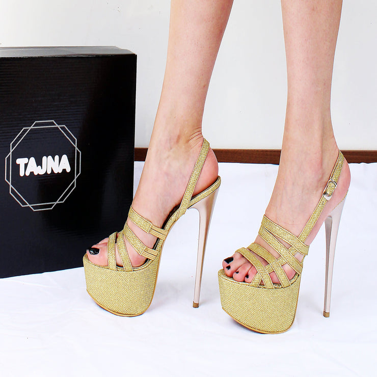Gold Shiny Strap Peep Toe Platform Shoes - Tajna Club