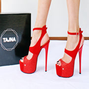 Shiny Red Faux Suede Peep Toe Platform Shoes - Tajna Club