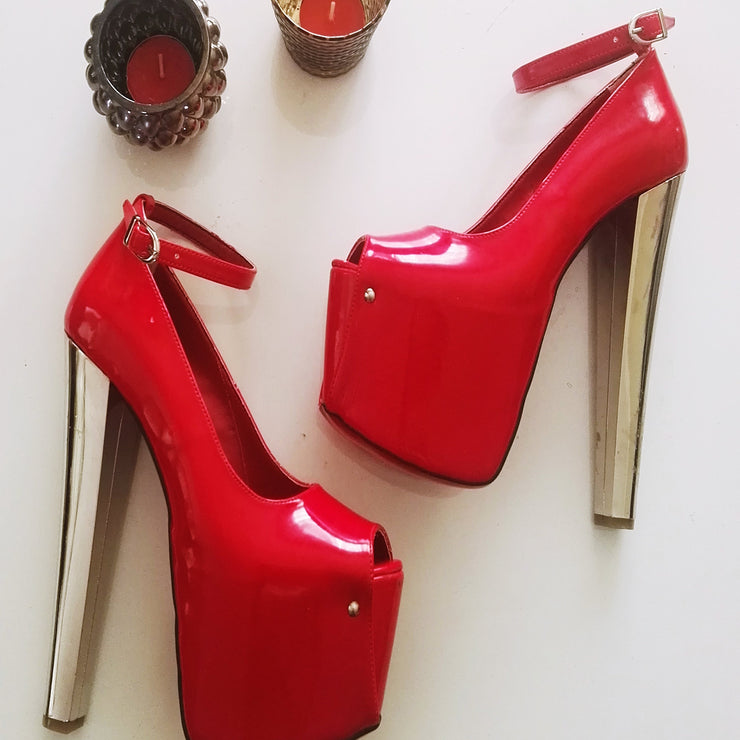 Red Patent Peep Toe High Heel Platform Ankle Shoes - Tajna Club