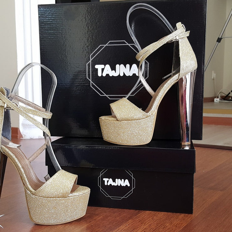 Gold Shiny Strap Peep Toe High Heel Platform Shoes - Tajna Club
