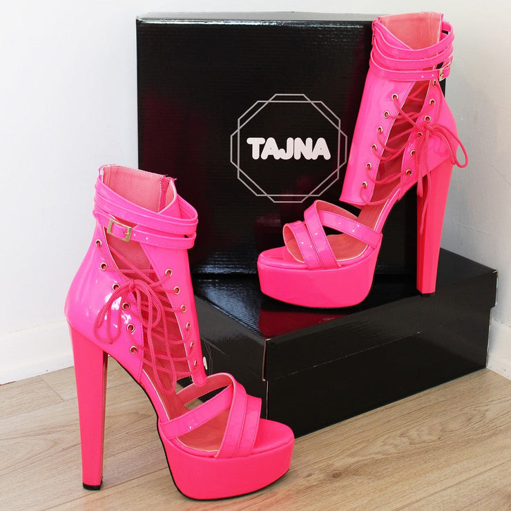 Lace Up Neon Pink Designer Peep Toe Booties - Tajna Club