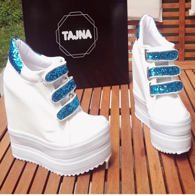 White Blue Hook Pile Platform Wedge Shoes - Tajna Club