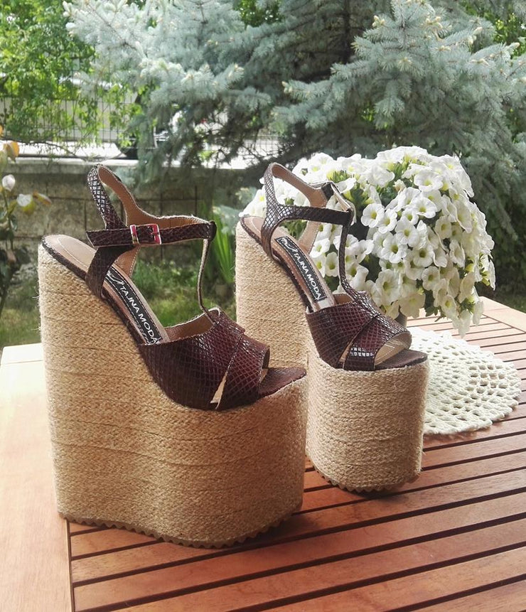 Brown Espadril 20 cm Heigh Heel Wedge Sandals - Tajna Club