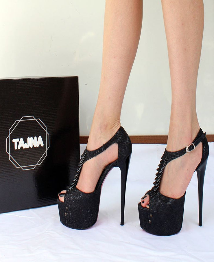 Black Shimmer Ankle Strap Peep Toe High Heel Platform Shoes - Tajna Club