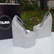 Silver Shiny Ankle Strap Wedge Platform Shoes - Tajna Club
