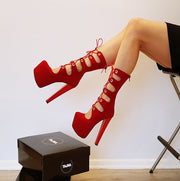 Red Gladiator Lace Up Chunky Heel Boots - Tajna Club