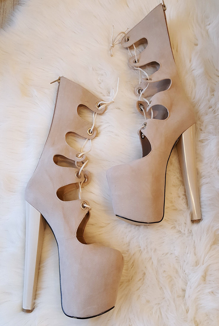 Beige Suede  Gladiator Lace Up Platforms - Tajna Club
