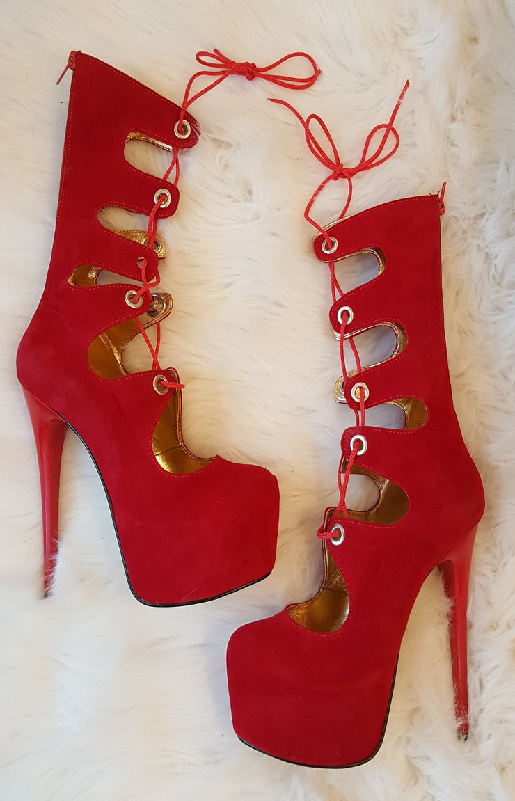 Red Suede Gladiator Lace Up Platform Boots - Tajna Club