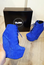 Parlament Blue Suede Lace Up Wedge Ankle Booties - Tajna Club