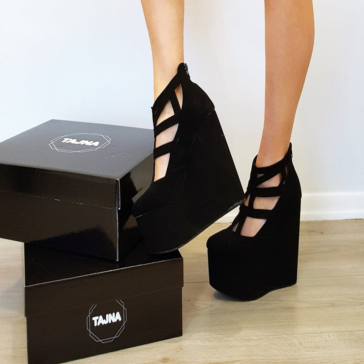 Black Faux Suede Cage Ankle Wedge Shoes - Tajna Club