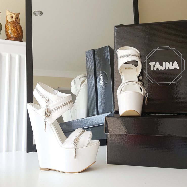 White Zipper 17 cm High Heel Wedge Shoes - Tajna Club