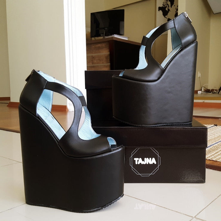 Black Slit Side Designer High Platform Wedge Shoes - Tajna Club
