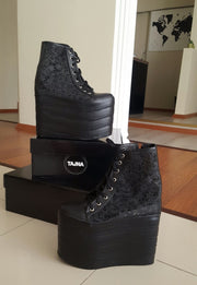 Lace Up Black Lace Wedge Platform Shoes - Tajna Club