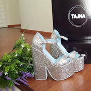 Silver Sparkling Single Strap Chunky Platform Wedge Shoes - Tajna Club