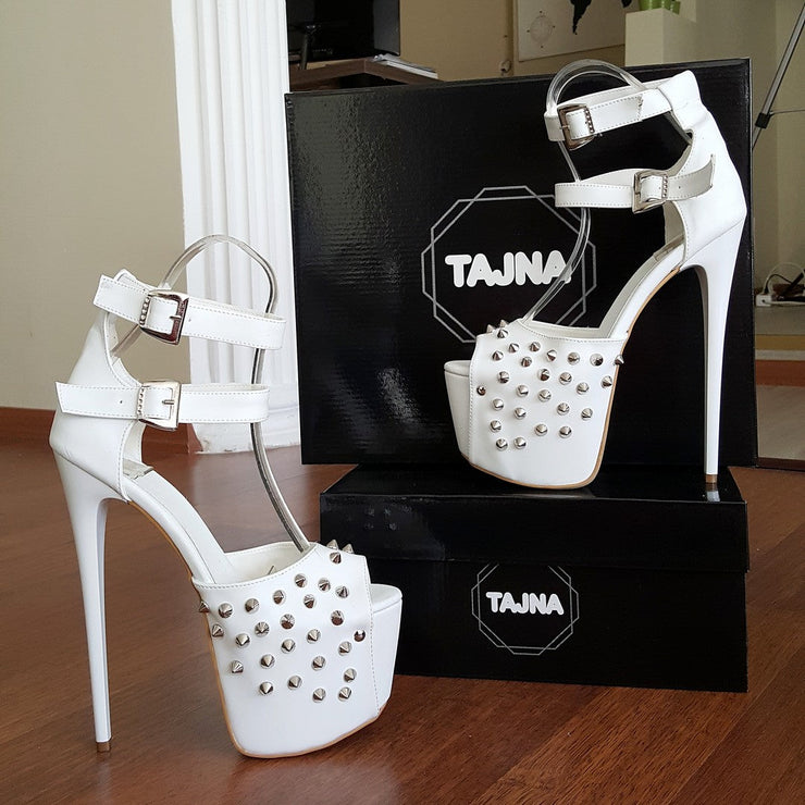 White Spike Double Strap High Heel Platform Shoes - Tajna Club