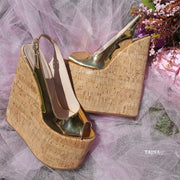 Golden Peep Toe Platform Wedge Shoes - Tajna Club