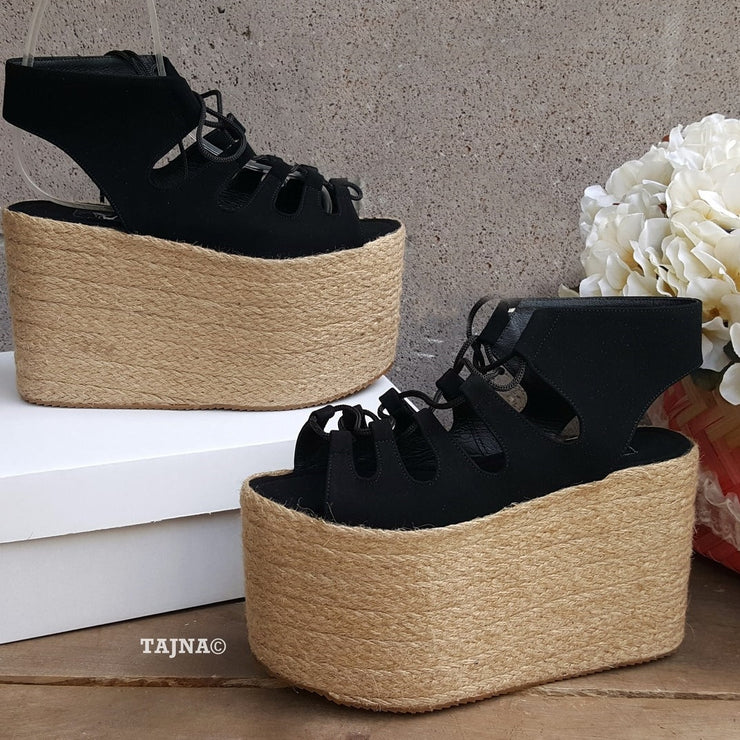 Summer Lace Up Black Wedge Platform Sandals - Tajna Club