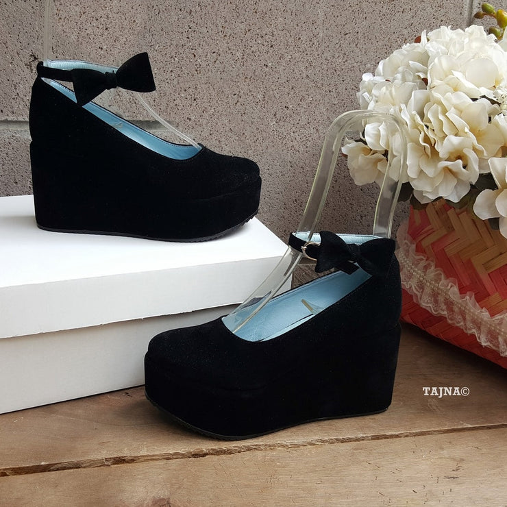 Black Ribbon  Ankle Strap Wedge Platform Shoes - Tajna Club