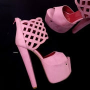 Ankle Cut Lazer Detail Pink Suede Chunky High Heels