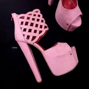 Ankle Cut Lazer Detail Pink Suede Chunky High Heels